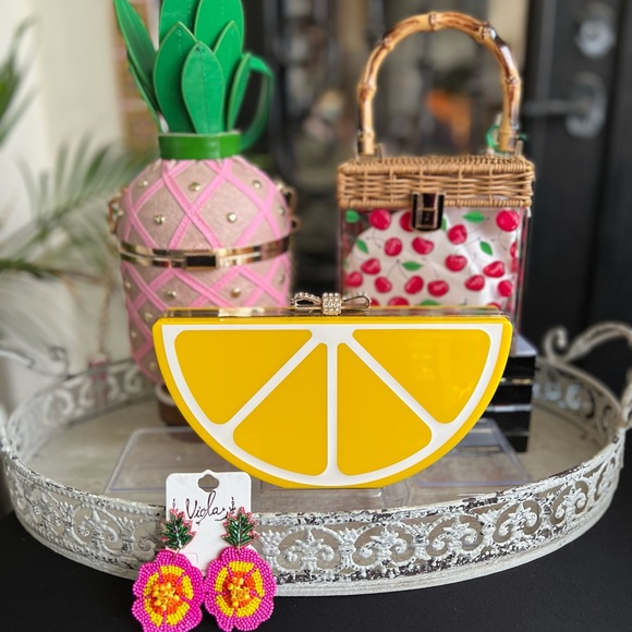 Red Cherry Acrylic Rectangular Wicker & Bamboo Top Handle Pinup Retro Purse Bag - Picture 8 of 8